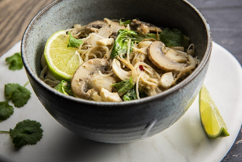Reisnudeln mit grüner Currysauce, Pak Choi, Sojasprossen, Austernpilzen und Koriander
