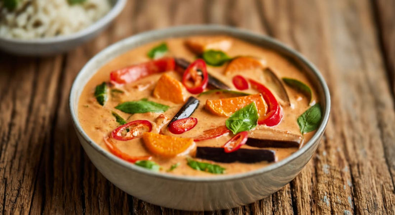 Rotes Thai-Curry mit Süsskartoffel, Aubergine und Spinat, serviert mit Reis, Erdnüssen und Thai-Basilikum