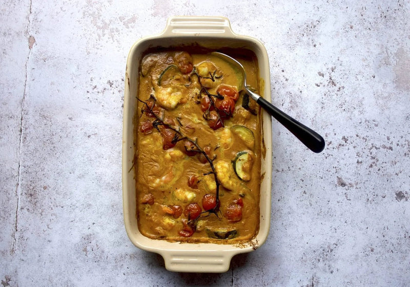 Korma mit Crevetten, gerösteten Cherry-Tomaten und Zucchini, low FODMAP
