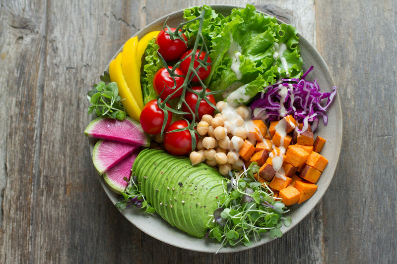 Salatbowl von oben mit Avocado, Kichererbsen, Süsskartoffel, Rotkohl, Tomaten und Peperoni