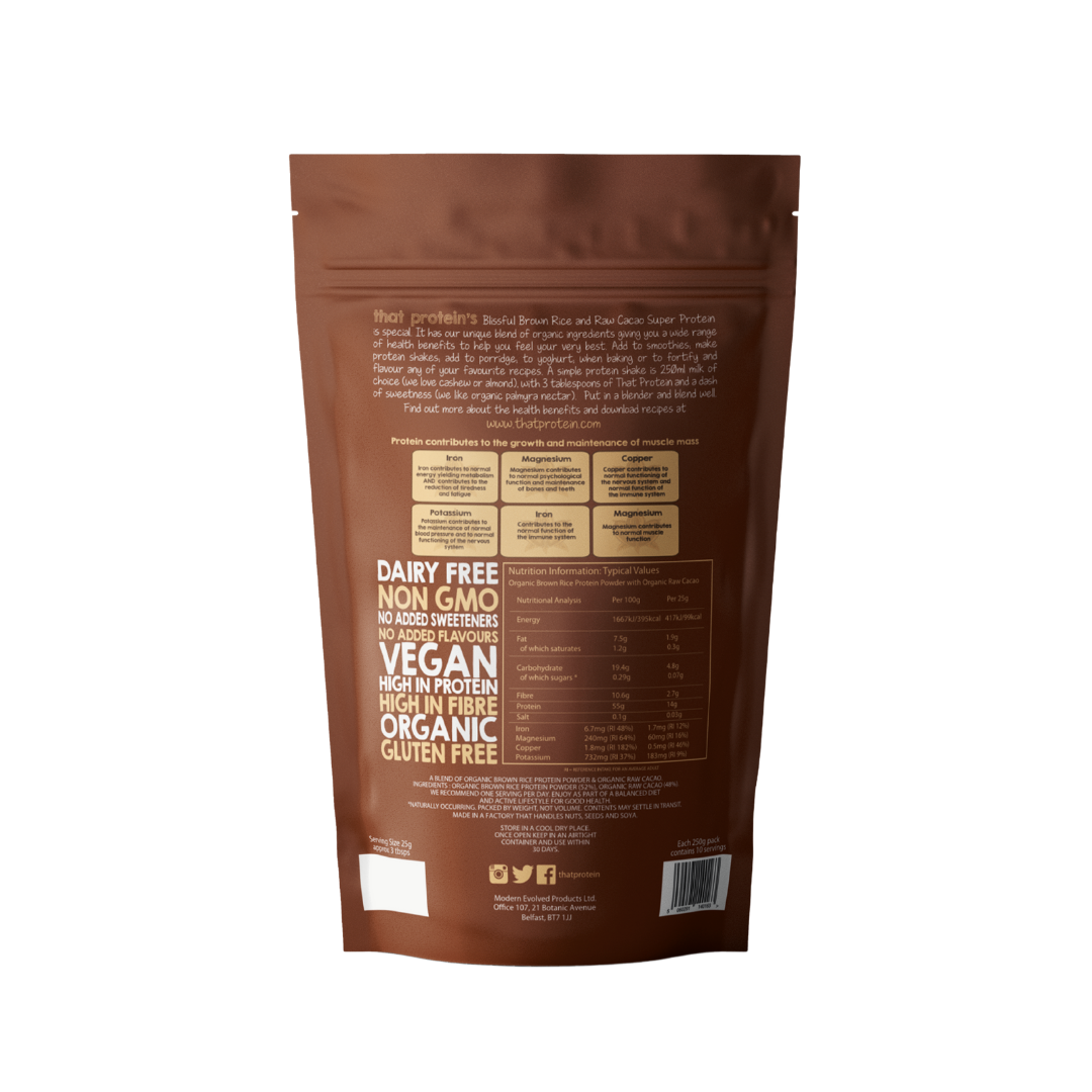 Superproteína orgánica de cacao crudo Blissful (250 g)
